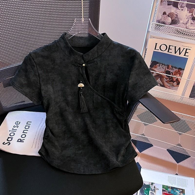 Nueva camiseta de manga corta delgada irregular con hebilla de disco de estilo nacional de estilo chino para mujer verano nuevo estilo corto ropa de todo fósforo