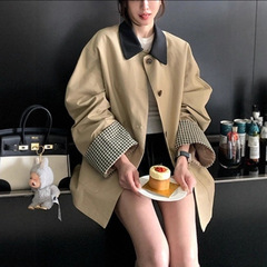 Skk Stoe 高智巴恩风 卡其色风衣撞色格纹拼接短款宽松外套女秋