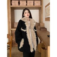 冬季新款复古拼接黑色毛毛牛仔外套女加绒加厚宽松中长款棉衣棉服