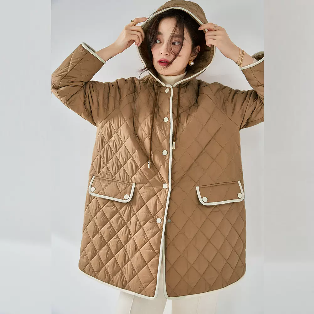 秋冬休闲柔软保暖轻薄宽松连帽包边绗棉菱形棉服上衣外套12008