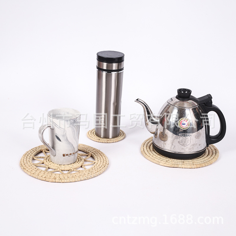Posavasos antideslizante para taza de té, tapete de rafia, bandeja de té redonda plegable de ratán, posavasos, juego de té, vajilla tejida.
