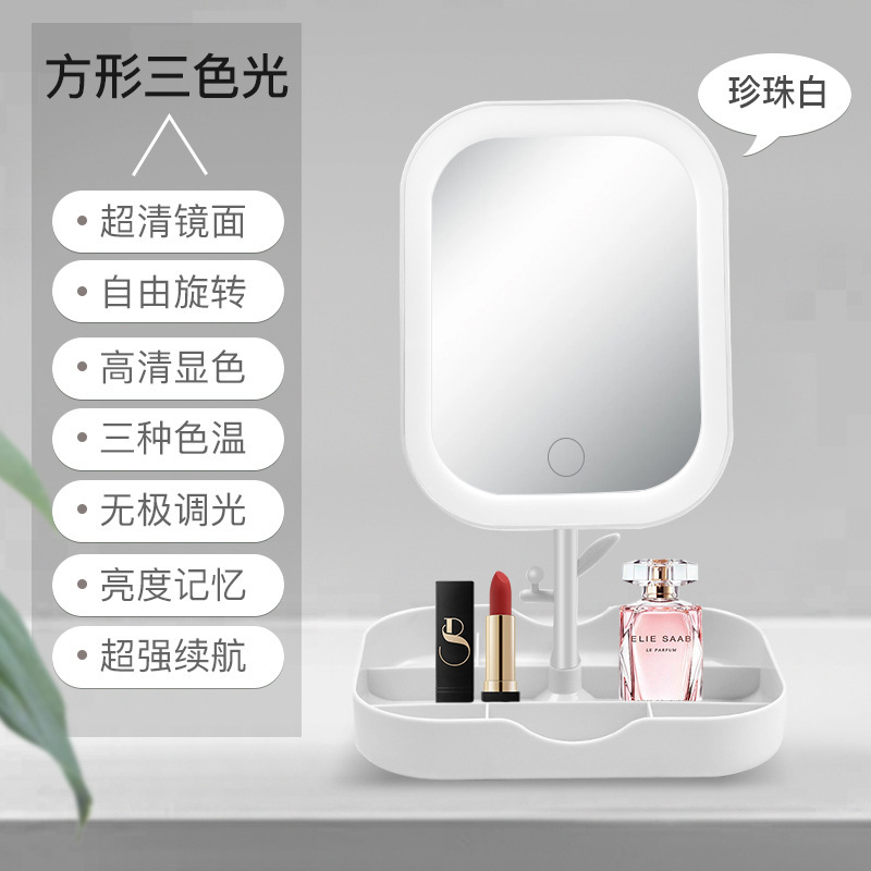 LED化妆镜子带灯桌面台式单面可旋转公主镜带收纳学生宿舍补光镜|undefined