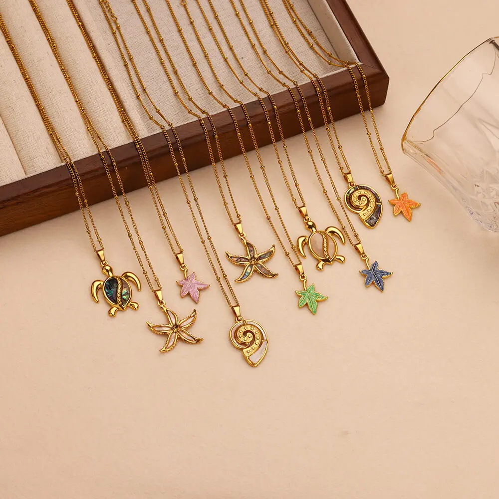 12g Weight PVD Coated Real Gold Plated Tortoise Starfish Conch 304 Stainless Steel Vintage Style Marine Style Waterproof Non Tarnish 304 Stainless Steel Lobster Trigger Clasp Closure Pendant Necklace