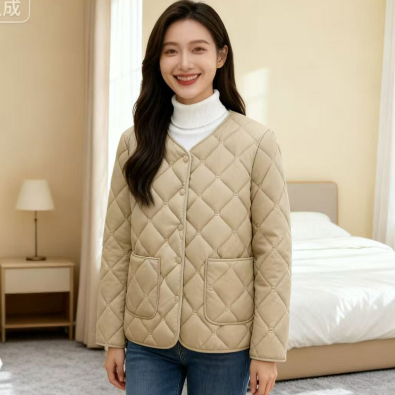 圆领内胆棉服女冬季新款修身打底V领纯色显瘦保暖短款轻薄小棉袄|undefined