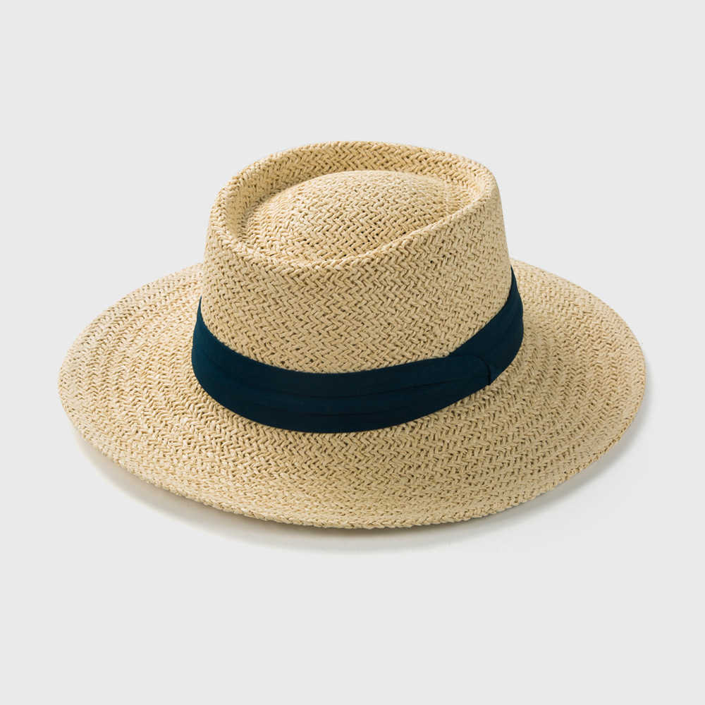 Solid Color Pattern Unisex Gender Patch Design Korean Version Of Straw Woven Concave Top Hat Spring And Summer Sunscreen Sunshade Top Hat