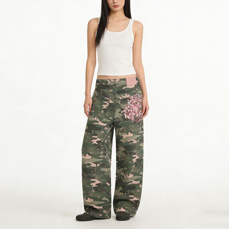 Cross-Border Trendy Brand Derschutze Street Style Y2K Cherry Blossom Camouflage Print Faux Denim Loose Straight-Leg Jeans