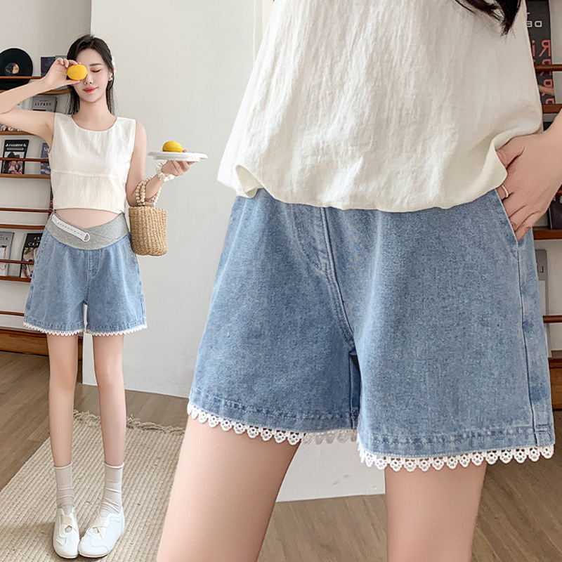 Maternity Sweet and Spicy Lace Denim Shorts for Women, Summer Loose Fit, Slimming Wide-Leg A-Line Plus Size Versatile Wide-Leg Hot Pants