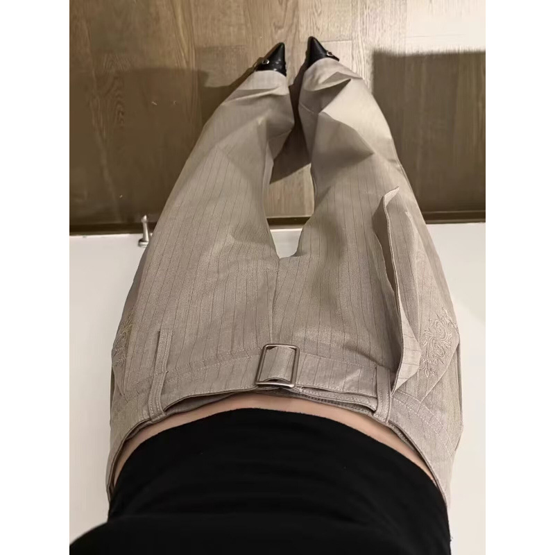 美式雕花刺绣绑带条纹打褶剑道西裤垂感直筒通勤优雅潮流休闲裤子