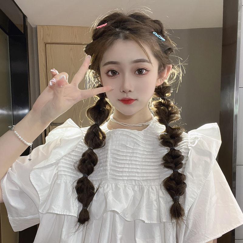 Lantern Bubble Braids Wig Braided Hair Natural Internet Celebrity Bubble Boxing Braids Double Ponytail Tie-On Wig for Women