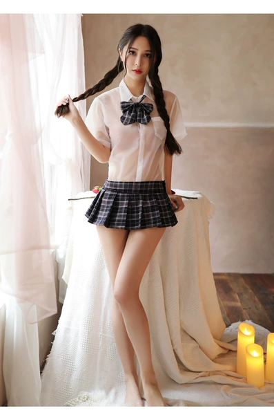 White top+bow tie+blue grid