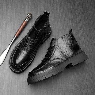 Factory direct supply martin boots men's new leather high-top tooling boots thick-soled black motorcycle leather boots fleece-lined men's shoes