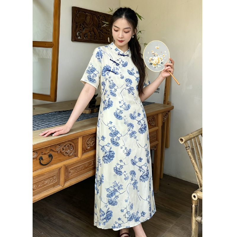Summer New Style Chinese Style Long Cheongsam Dress for Women, Cotton Silk Slim Fit, Elegant Printed Retro Slimming Dress Summer New Style Chinese Style Long Cheongsam Dress for Women, Cotton Silk Slim Fit, Elegant Printed Retro Slimming Dress