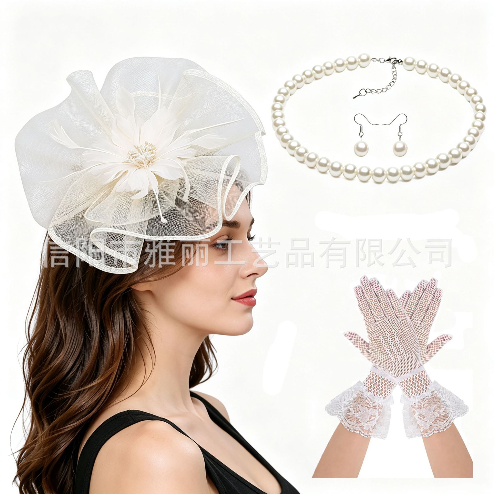 European and American vintage mesh party hat, bridal feather and flower hair accessory, Amazon exaggerated runway dress headpiece