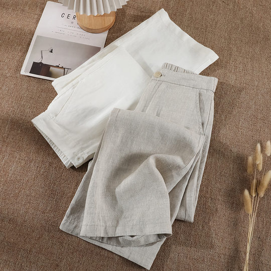 Pure Linen Loose Wide-leg Women's Pants 2025 New Spring Linen Material Dipped High Waist Nine-point Slim Look Casual Straight Pants