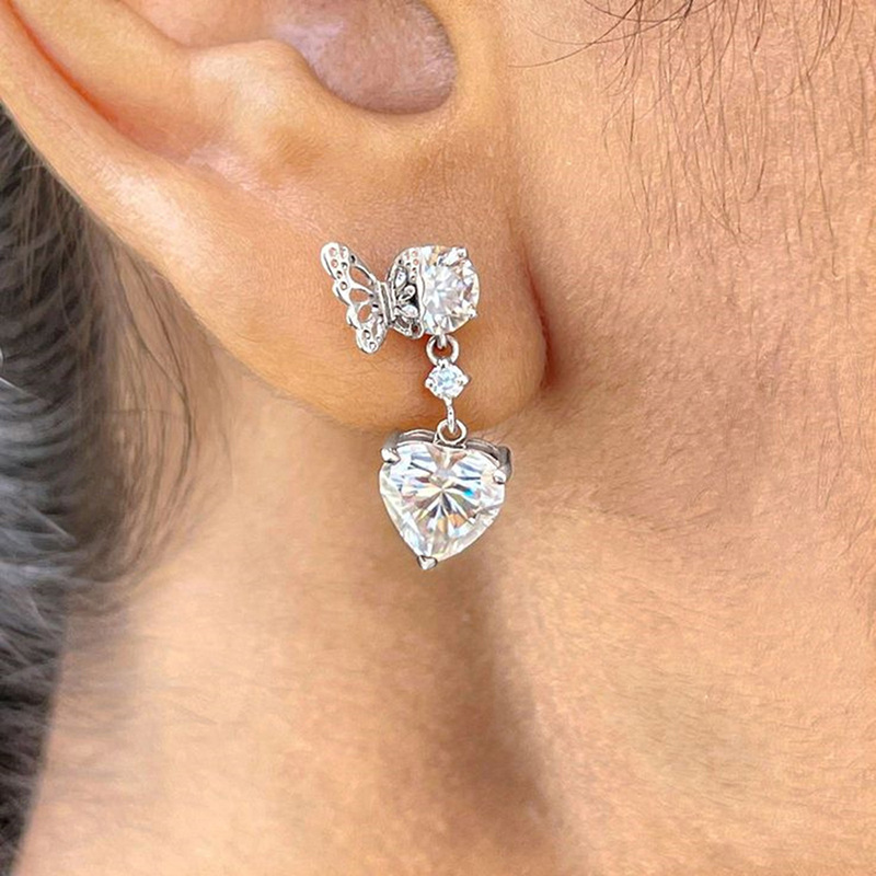 Zircon Inlay Material 1 Pair Classic Style Heart Shape Butterfly Copper Zircon Drop Earrings