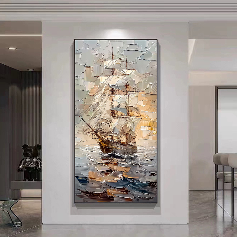 纯手绘厚油刮刀立体肌理油画一帆风顺挂画入户玄关装饰画轻奢壁画
