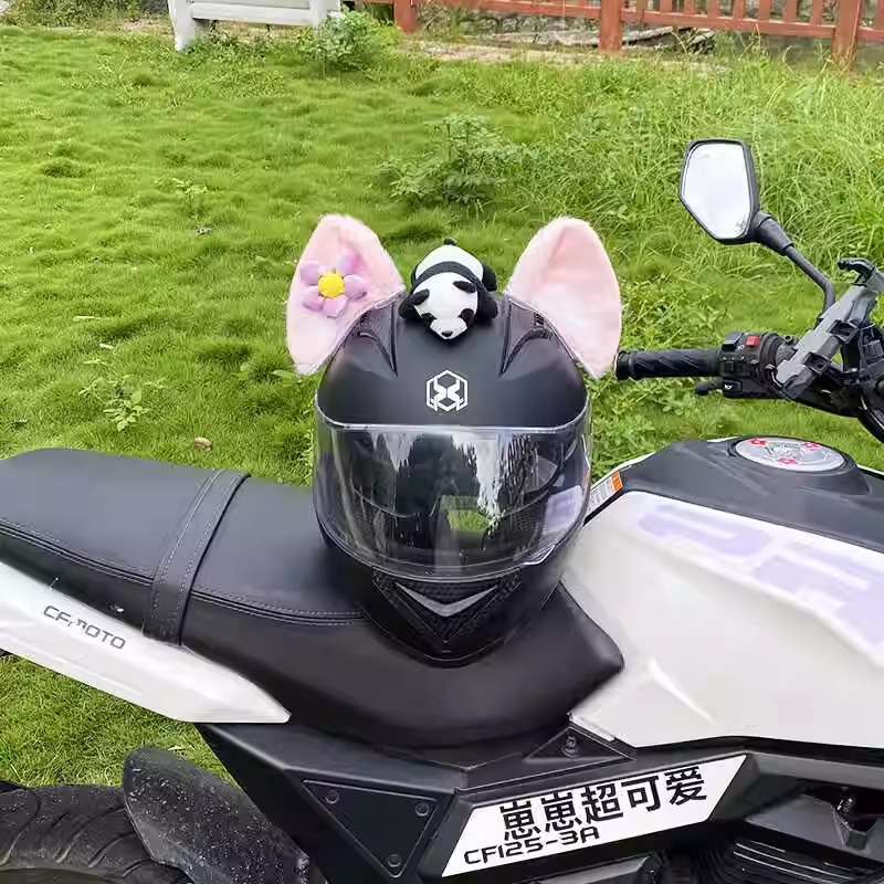 Motuoche Cool Rainbow Tie-dye Animal Ear Handmade Helmet Decoration Motorcycle Accessories Detachable (Auto Parts and Accessories) - white-plush-linabell-no-tail-no-panda-no-helmet
