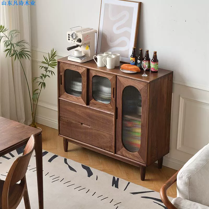 北美进口黑胡桃木餐边柜全实木酒柜复古茶水柜一体靠墙收纳储物柜