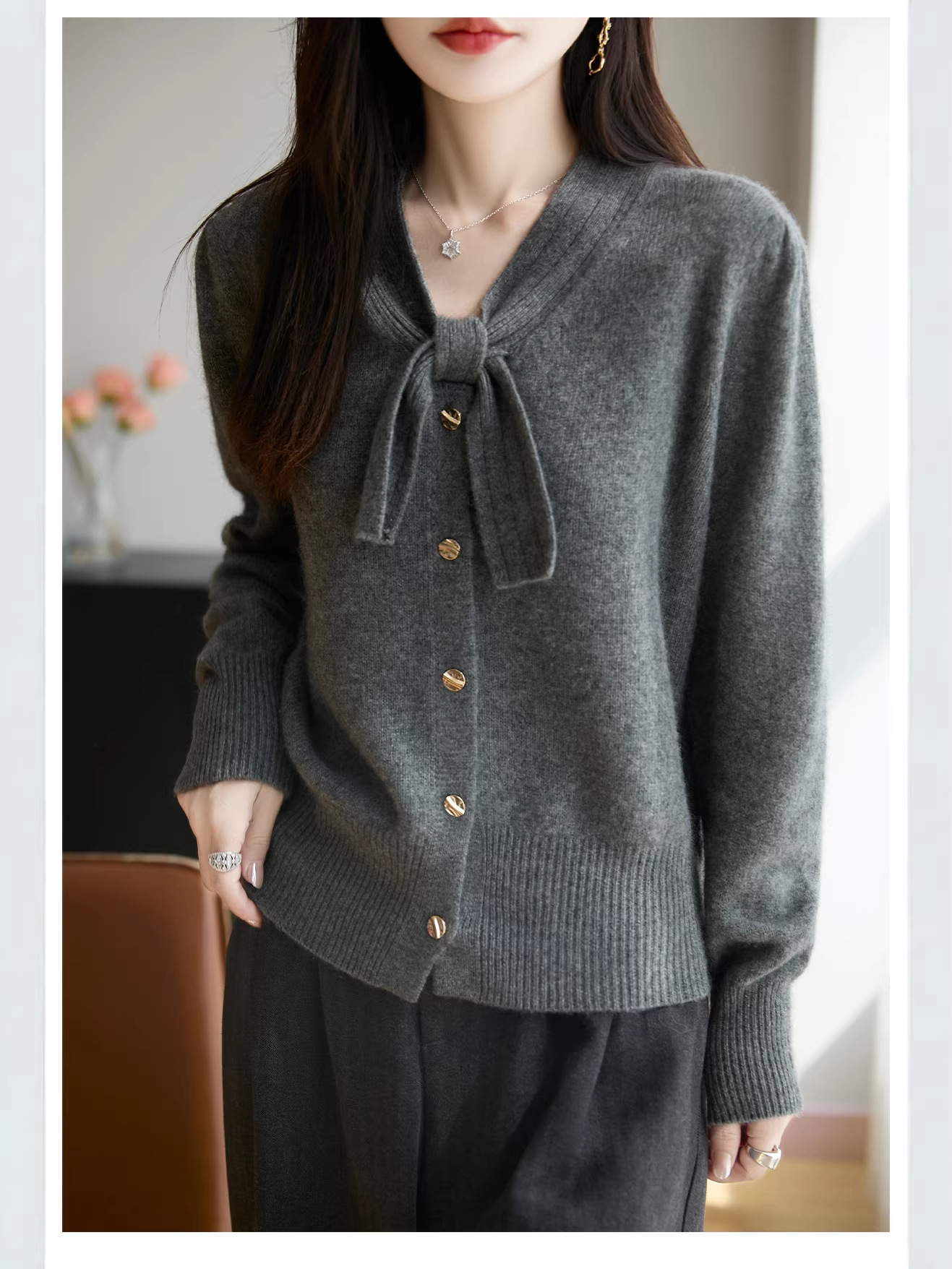 Áo cardigan nữ tay dài nơ bướm dáng rộng — màu xám