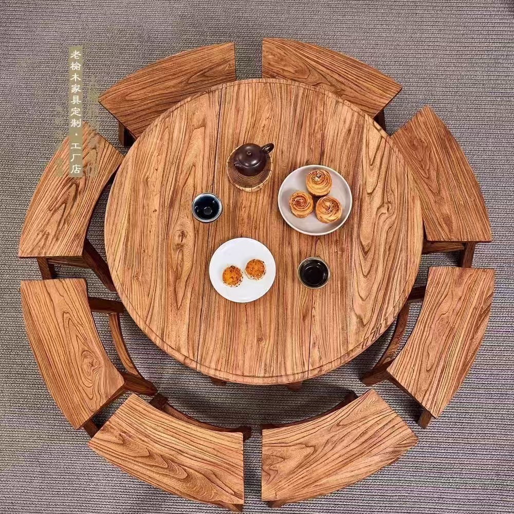 Household Small Apartment Old Elm Dining Table Simple 8-Person Dining Table and Chair Combination Solid Wood Hotel Restaurant Private Room Round Table