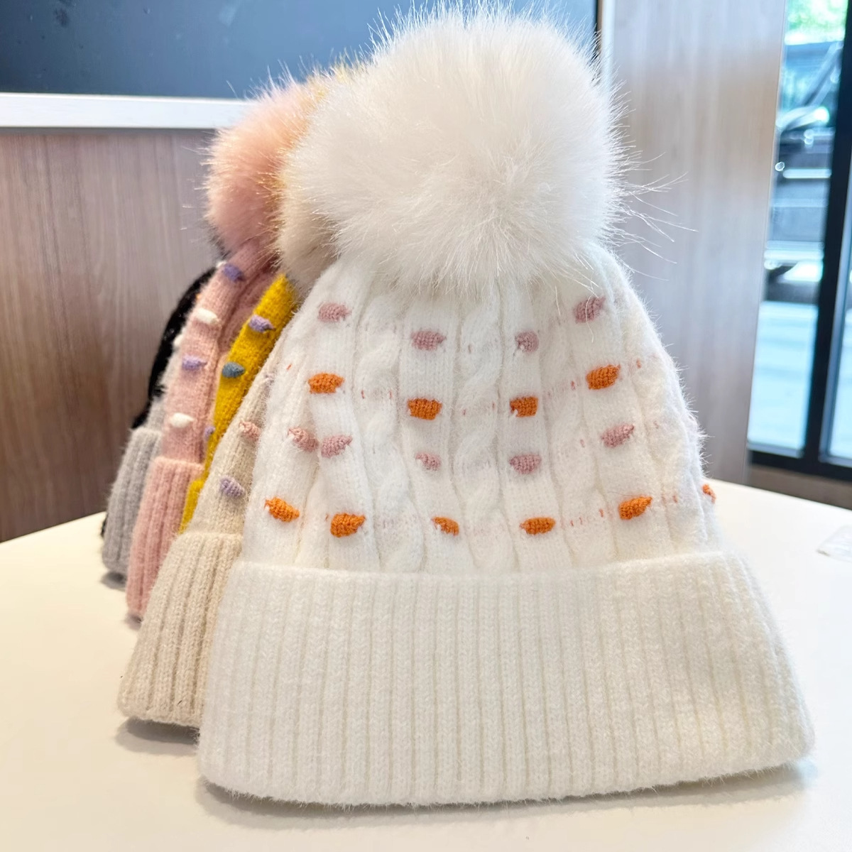 Cappello invernale da uomo e da donna in lana, caldo, spesso, con fodera in pile, alla moda, versatile, all'ingrosso, a pois, in maglia jacquard._voghion.com