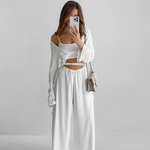 European and American New Sling Top Pants Long-sleeved Three-piece Set Fashionable Comfortable Pajamas Autumn Knitted Casual Home Clothes