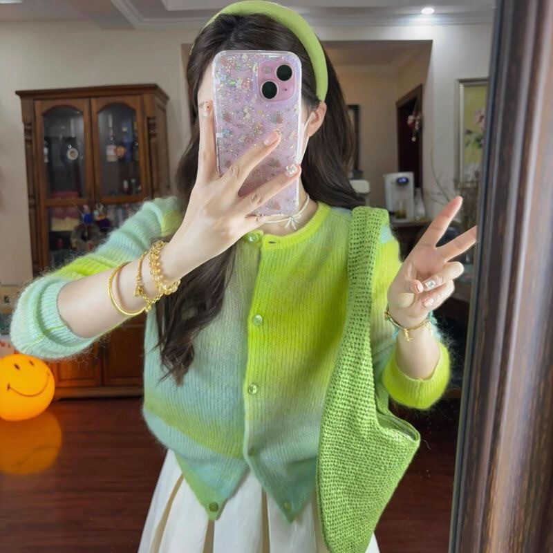 Ys Chic Gradient Mohair Green Knitted Cardigan for Women Early Autumn Korean Niche Design Top Outer Wear
