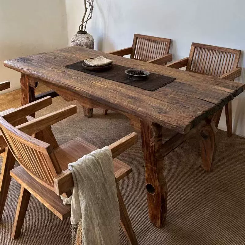 老榆木风化餐桌椅旧木板民宿茶台民宿酒店咖啡桌实木办公桌