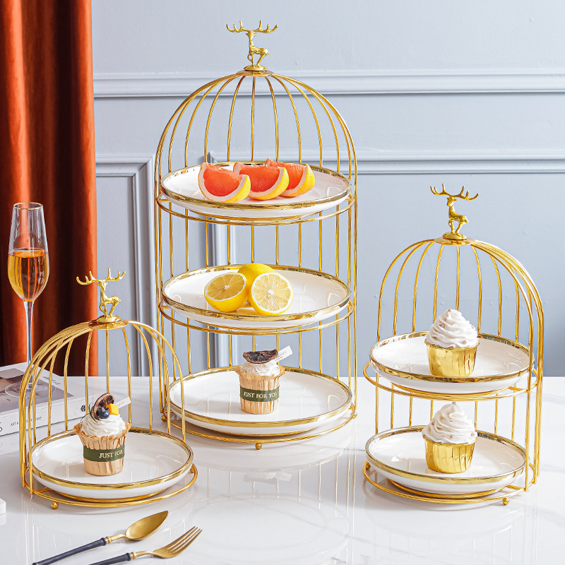 Plato de fruta de cerámica de lujo ligero mesa de café de la sala de estar cesta de frutas en casa plato de pastel de caramelo creativo adornos de almacenamiento de postre de doble capa