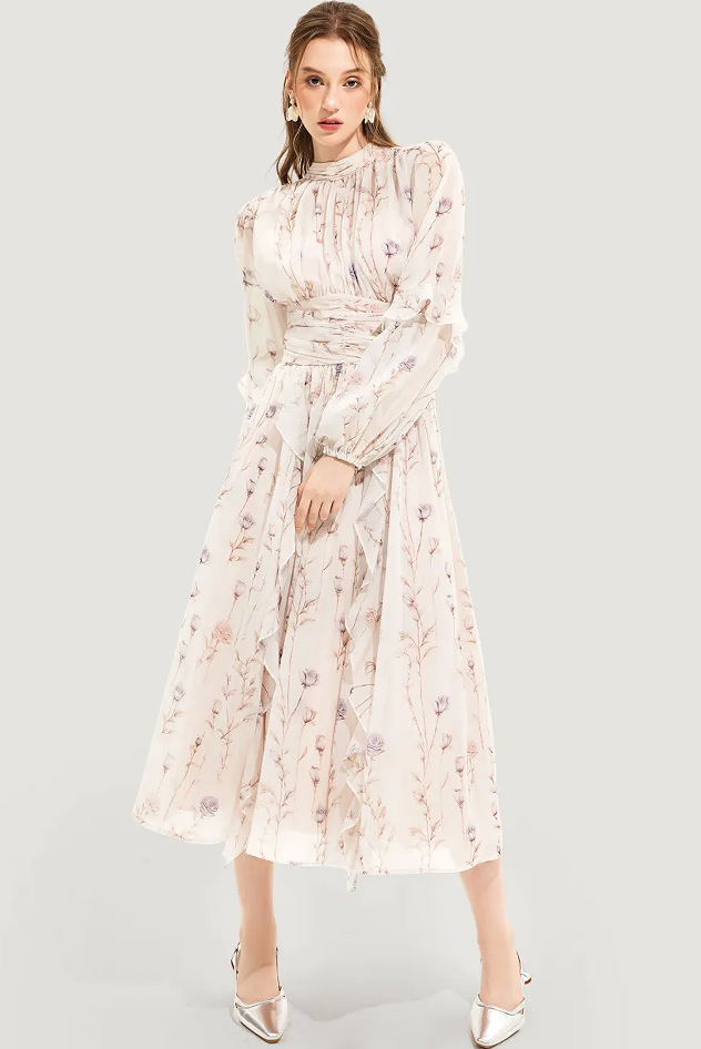 Women's Chiffon Printed Ruffled Long Sleeved Evening Dress Fashion Autumn Winter European American Style Cross Border_ecoleips.com