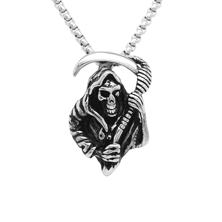 Gothic Grim Reaper Scythe Skull Pendant Necklace For Men Titanium_voghion.com