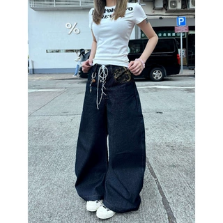 跨境美式复古小众设计款豹纹拼接弯刀裤潮男女绑带宽松阔腿牛仔裤