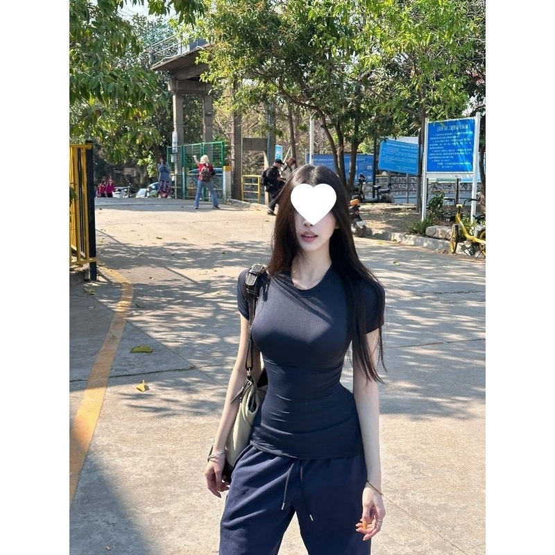 上衣女修身显瘦打底t恤经典新款sk圆领纯色sim短袖内搭春夏|undefined