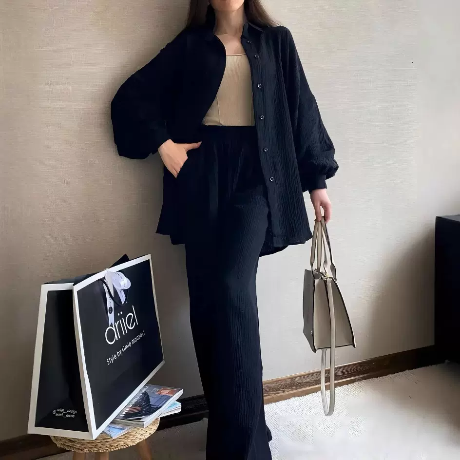 2025速卖通跨境时尚宽松大码套装女纯色亚马逊新款长袖两件套