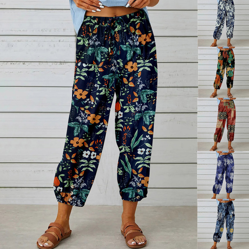 2023 new European and American cross-border cotton and linen women's pants high waist drawstring pants elastic waist toe retro printed pants 2023 new European and American cross-border cotton and linen women's pants high waist drawstring pants elastic waist toe retro printed pants