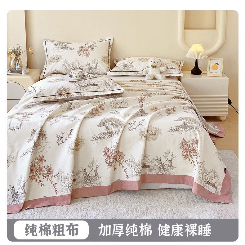 Ropa de cama de tela gruesa vieja de algodón puro, una sola pieza 2025 nueva funda de almohada de edredón impresa de verano, un solo traje de tres piezas