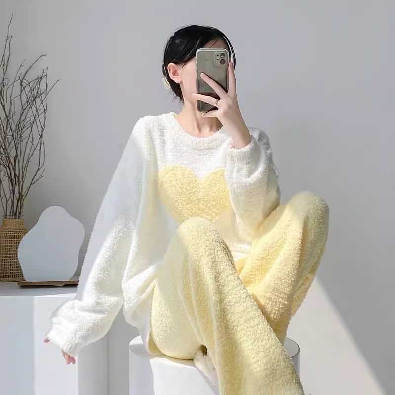 严选新款珊瑚绒睡衣女冬季加厚加绒保暖甜美爱心感大码家居服套装