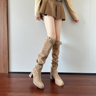 High-Heeled Over-The-Knee Boots for Women, Autumn and Winter 2025, Slimming Long Boots, Thick-Soled Chunky Heel Slouch Boots, Stretchy Slim Boots