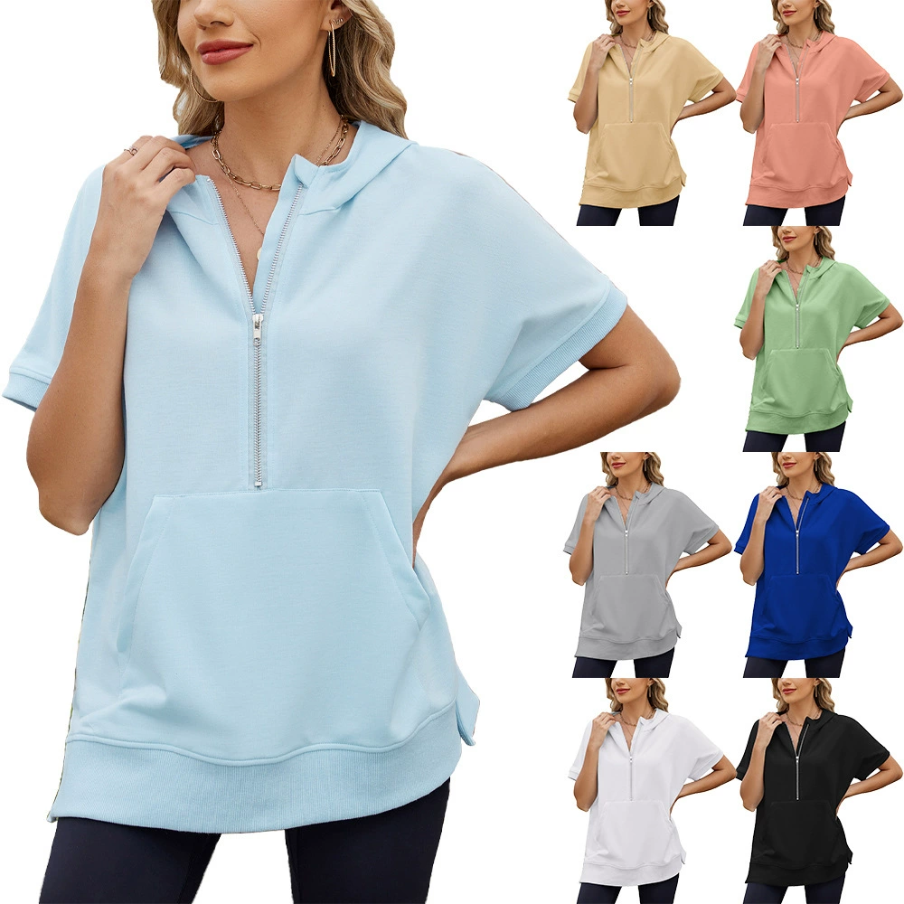 Amazon Европа и США трансграничная внешняя торговля 2025 весна и лето с капюшоном свободные короткие рукава на молнии карманы тонкая свитерская футболка топ