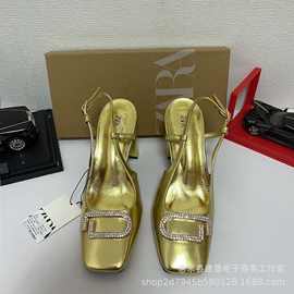 ZA2023年秋季新品女鞋金色装饰品镶饰粗跟高跟鞋包头浅口时装凉鞋