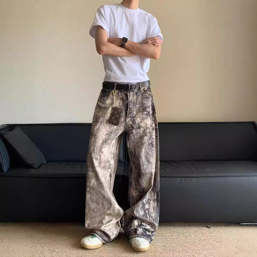 春秋季潮牌3D数码打印vintage直筒牛仔裤男做旧迷彩直筒裤子高街