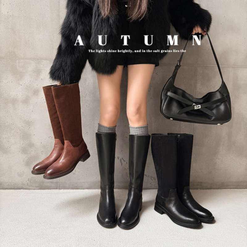 Retro High Boots Women's Cowhide Knee-High Boots Suede Matte Texture Thick Heel Fashion Easiest for Match Autumn and Winter