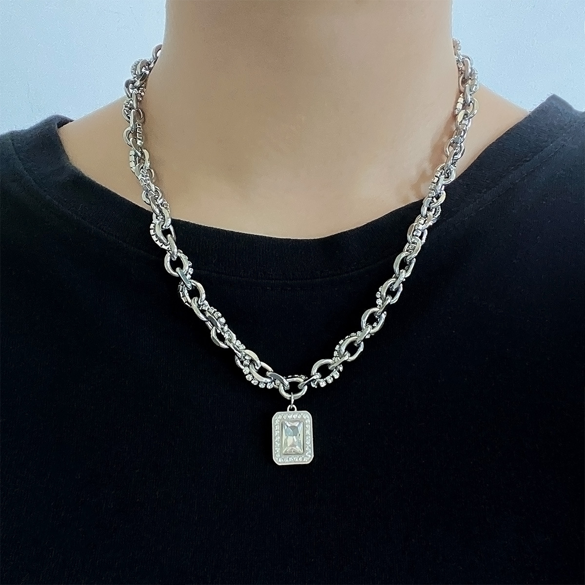 Wholesale Hip-hop Rectangle Titanium Steel Zircon Pendant Necklace display picture 1