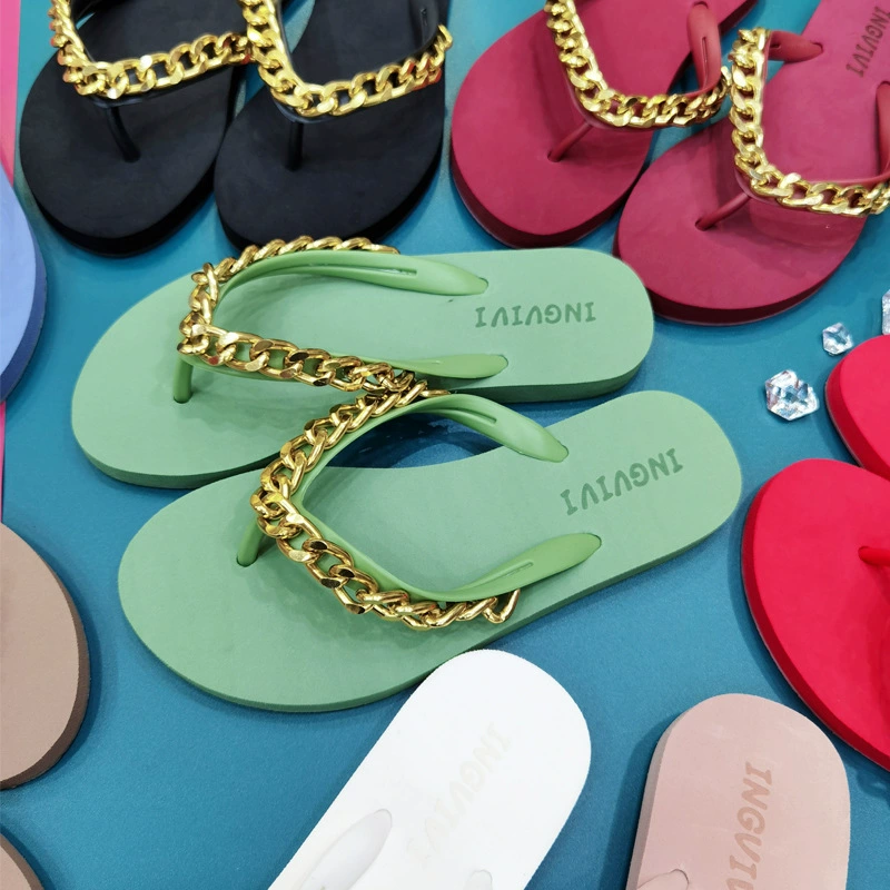 Fashionable summer flip flops, beach footwear, chain, slippers, city style, Korean style