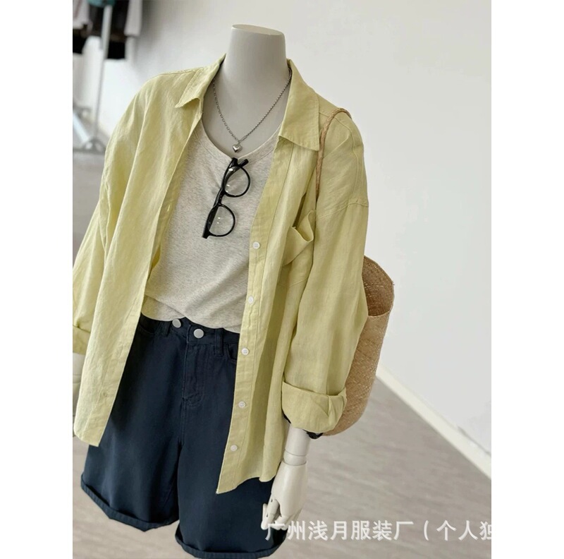 Highly Recommended! for Summer Outings~ Goose Yellow Collared Tencel Linen Layered Lightweight Sun Protection Shirt for Women