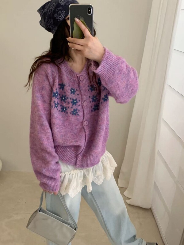 甜美刺绣花朵针织开衫女秋冬新款宽松设计感时尚洋气灰色毛衣外套|undefined