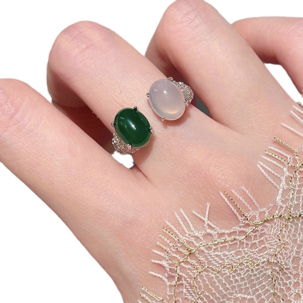 쥬얼리 브라질 녹색 CHALCEDONY 마노 달걀 표면 해바라기 링 새로운 중국 흰색 CHALCEDONY 더블 구슬 대조 컬러 링