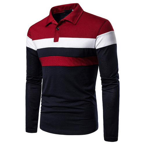 Men's Double-Color Patchwork Top with Lapel, Long-Sleeved Men's Polo Shirt in Spring and Autumn, Trendy British Style