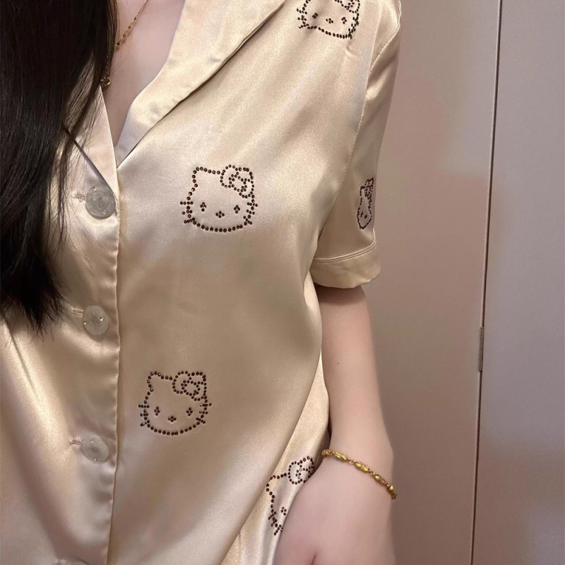 French High-End Elegant Satin Ice Silk Pajamas for Women Summer 2025 New Kitty Home Wear Suit Summer