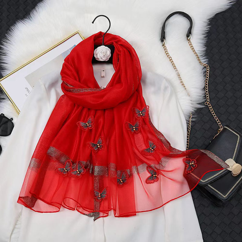 2022秋季新款真絲羊毛混紡蝴蝶絲巾女時尚百搭旅遊拍照絲巾批發